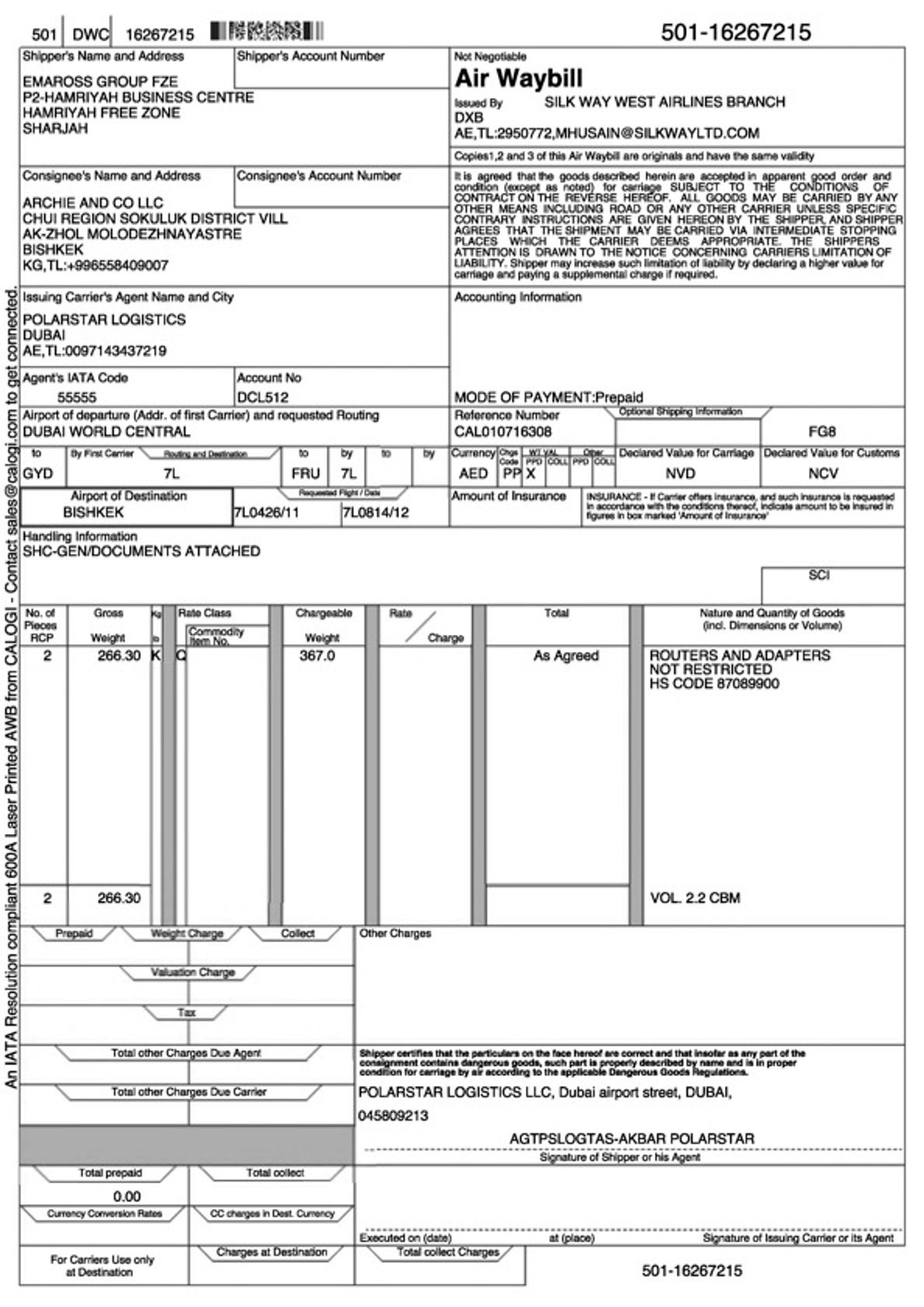 Согласно авианакладной № 501-16267215, груз был отправлен 10 мая 2024 года из аэропорта Dubai World Central в Бишкек