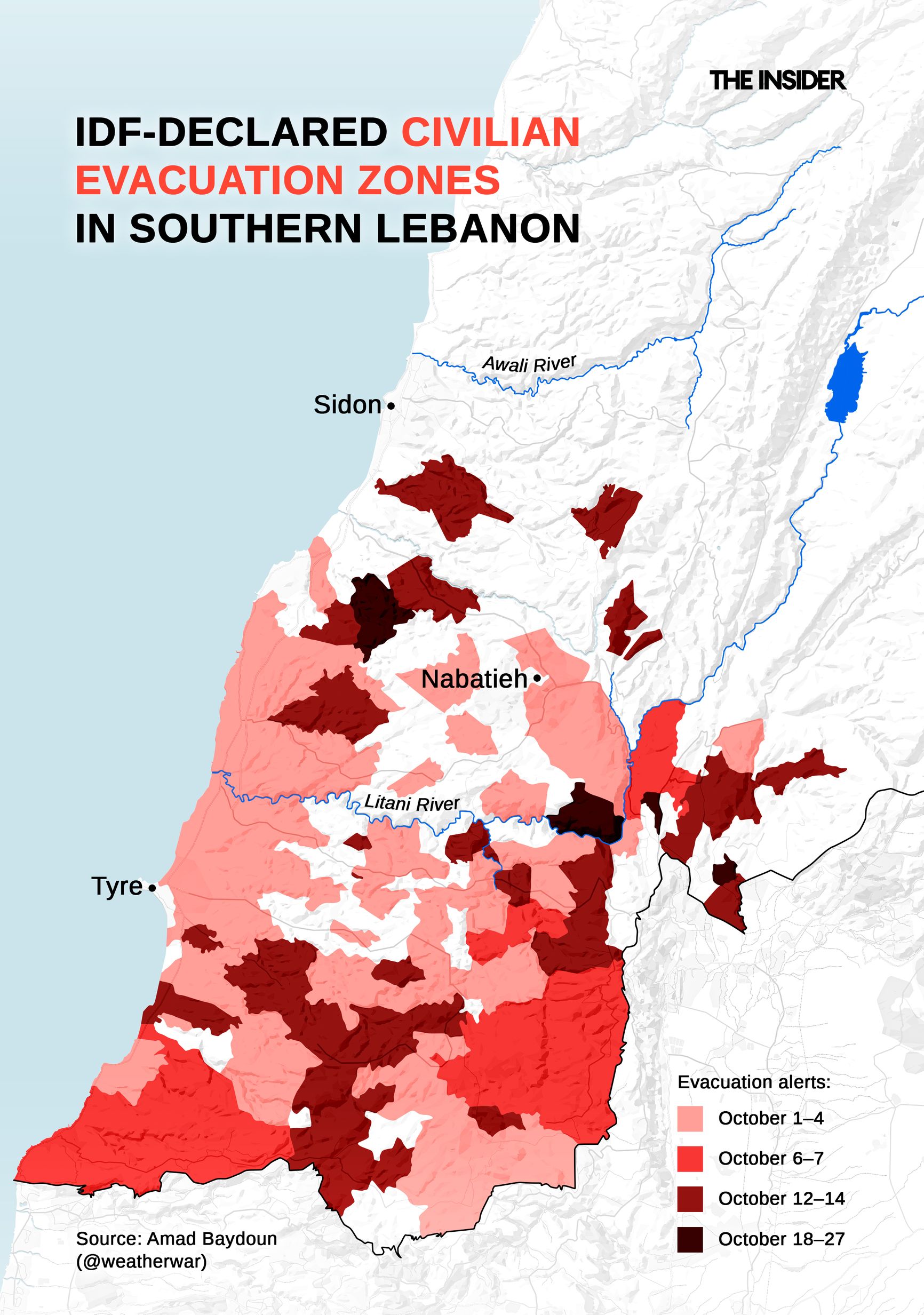 Declared evacuation zones in Southern Lebanon